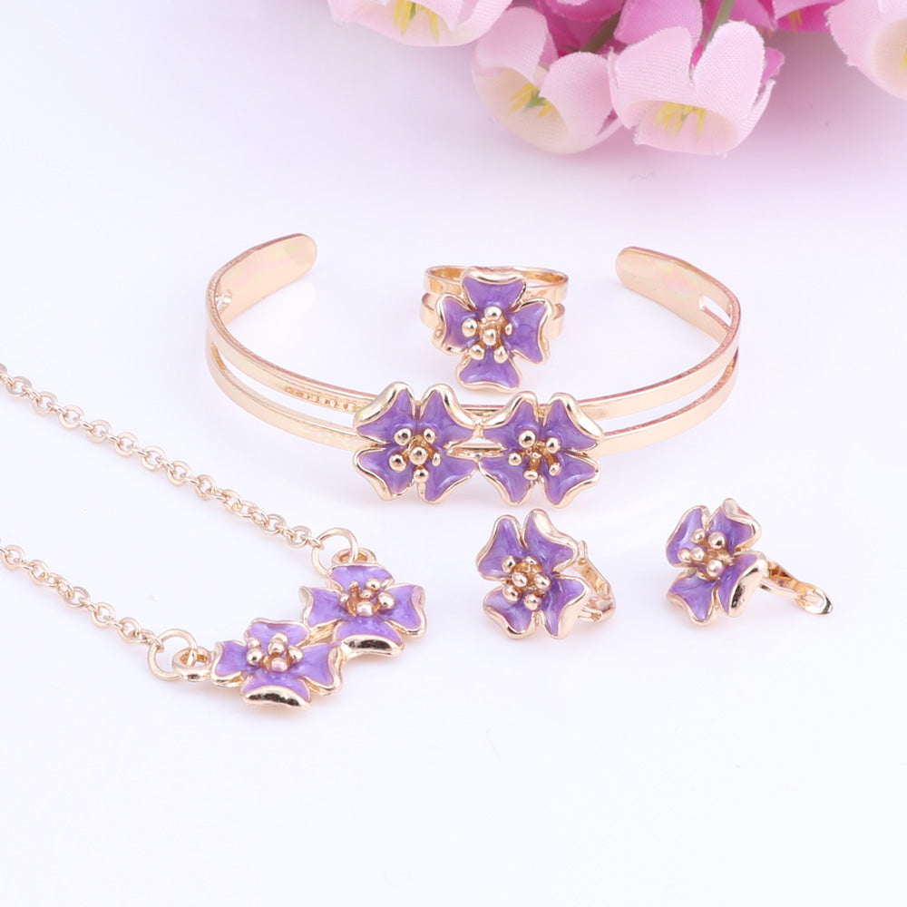 Baby Kids Children Girl Jewelry Sets Gold Color Cute Flower Pendant Necklace Bracelet Earrings Adjustable Ring