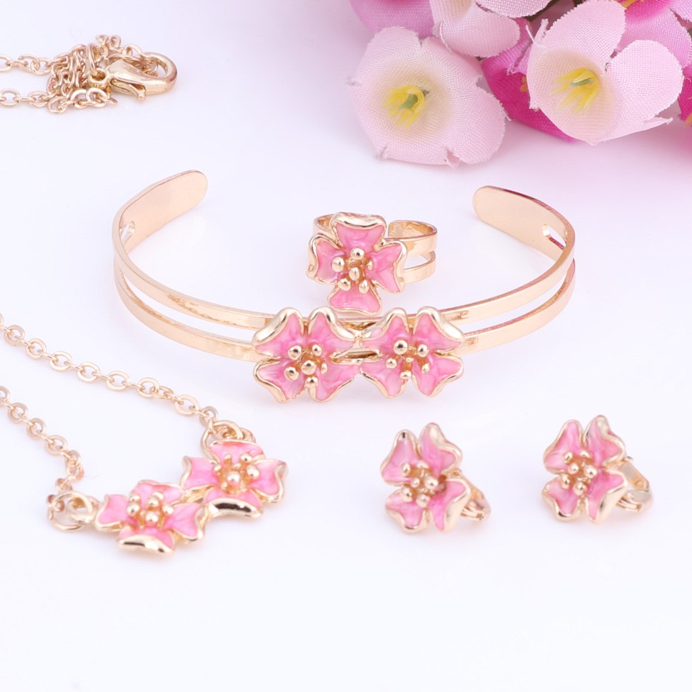 Baby Kids Children Girl Jewelry Sets Gold Color Cute Flower Pendant Necklace Bracelet Earrings Adjustable Ring