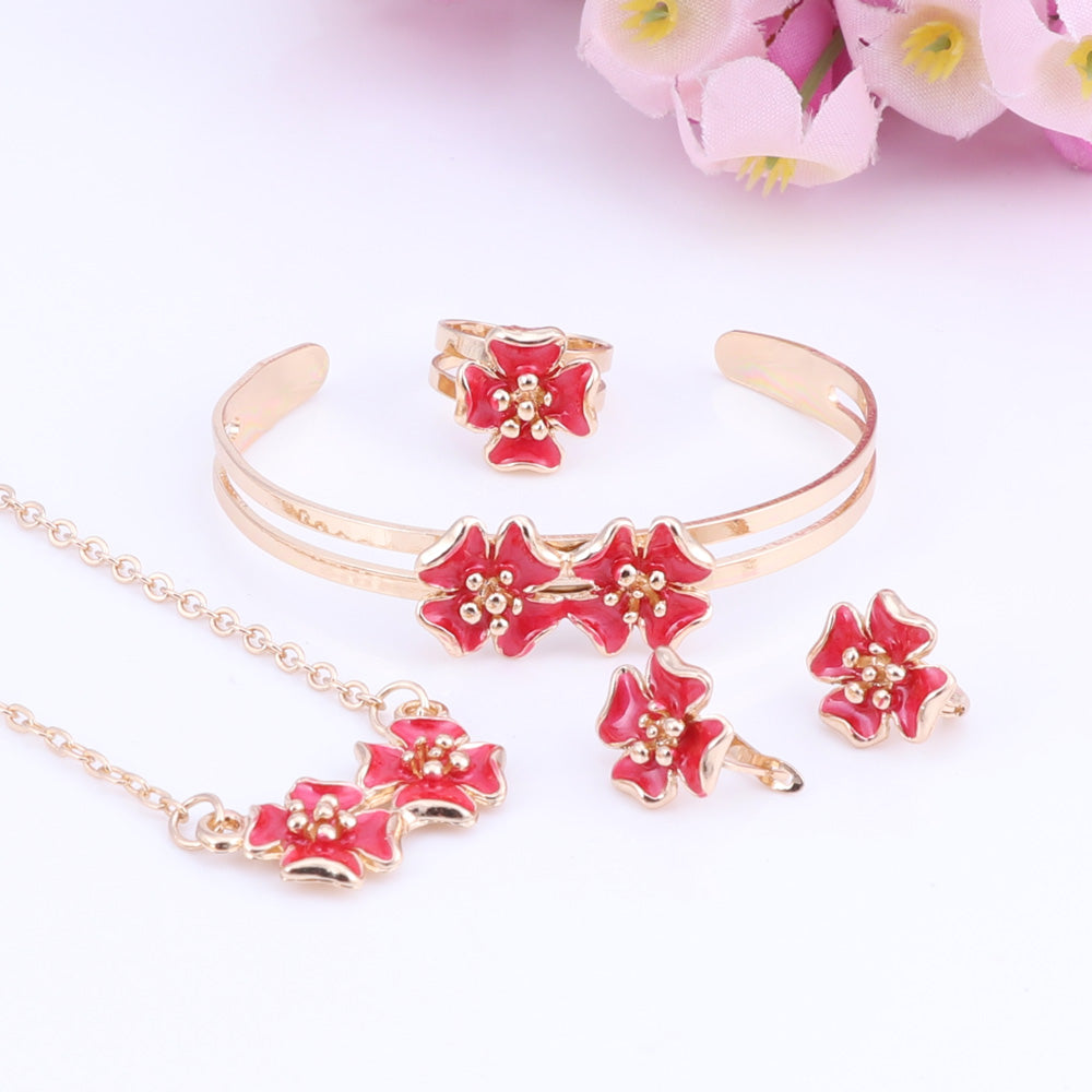 Baby Kids Children Girl Jewelry Sets Gold Color Cute Flower Pendant Necklace Bracelet Earrings Adjustable Ring