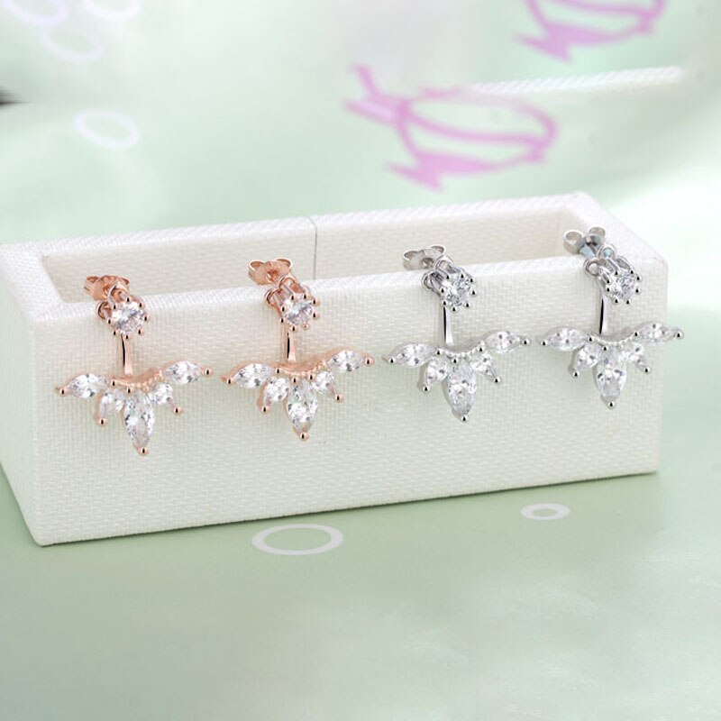 Back-Mounted Earrings Zircon Charm Ear Stud for Women Girl Jewelry Gift 925 Stamp Silver Color  Female
