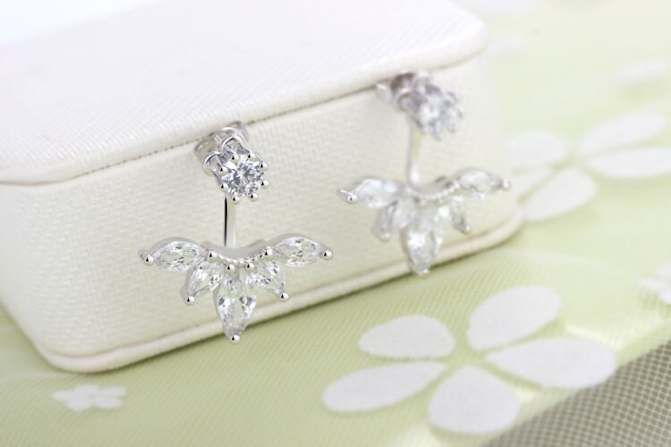 Back-Mounted Earrings Zircon Charm Ear Stud for Women Girl Jewelry Gift 925 Stamp Silver Color  Female