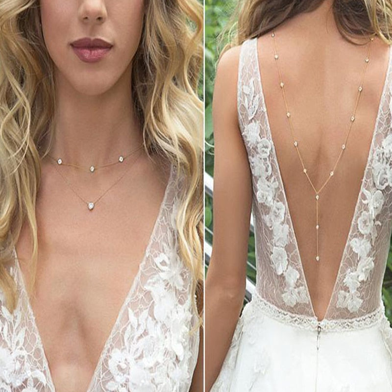 Backdrop Necklace Beautiful Crystal Rhinestone Back  Or Gold Chain Necklaces Wedding Party Prom Jewelry Gifts For Her