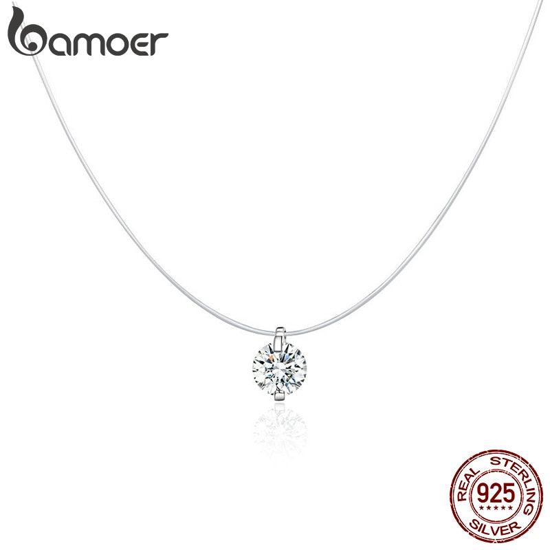 Bamoer 925 Sterling Silver Invisible Chain Necklaces Pendants Choker Transparent Shiny Zircon Couple Dating Accessories SCN332