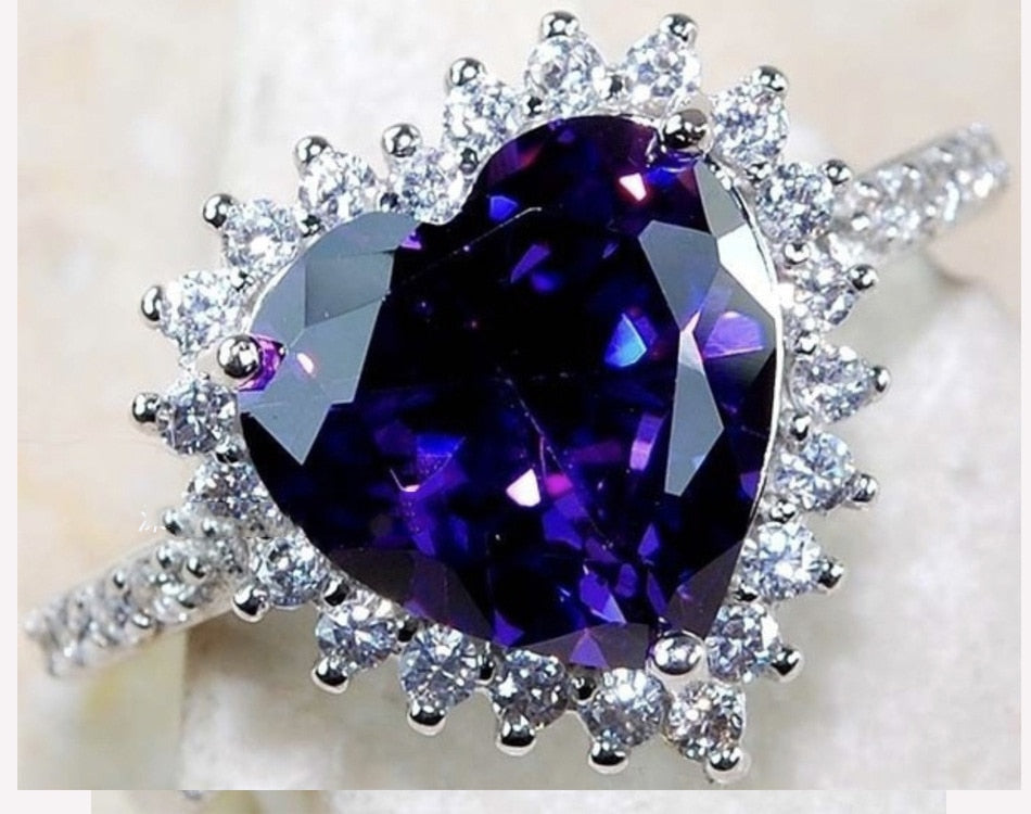 Female Big Purple Heart Ring 925 Sterling Silver Filled CZ Stone Engagement Ring Vintage Party Wedding Rings For Women