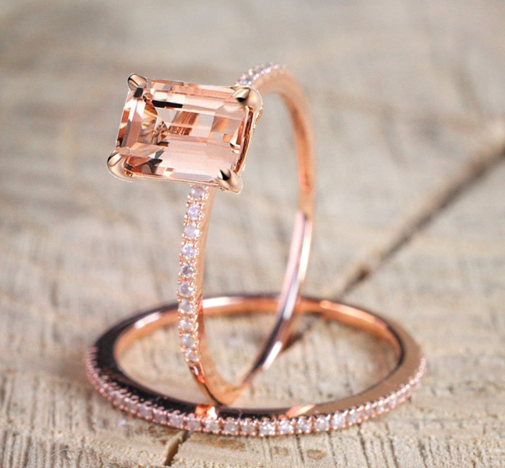 Female Square Ring Set Luxury 18KT Rose Gold Filled Ring Vintage Wedding Band Promise Engagement Rings For Women
