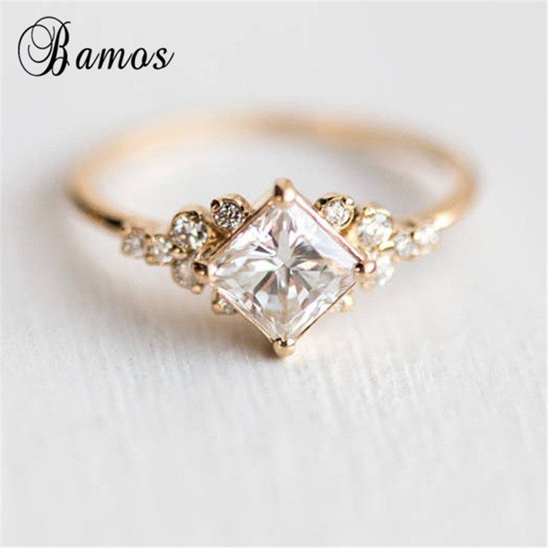 Princess Cut Zircon Engagement Ring Vintage Gold Color Promise Wedding Rings For Women Simple Summer Jewelry Best Gift