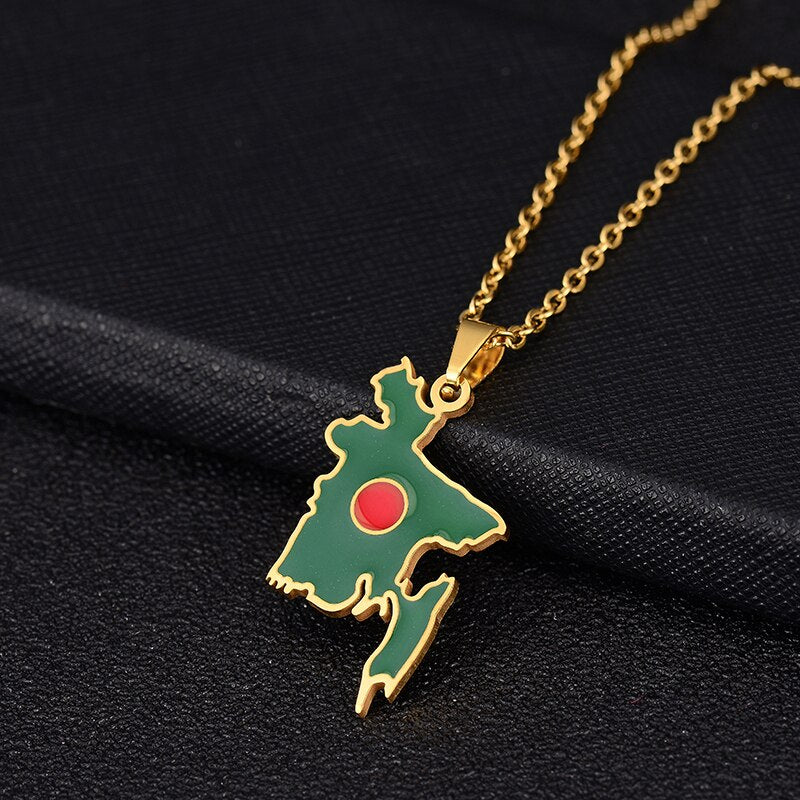 Bangladesh Map Flag Pendant Necklaces Gold/Steel Color for Women Girls Stainless Steel Bangladeshi Maps Jewelry Bengali Gift