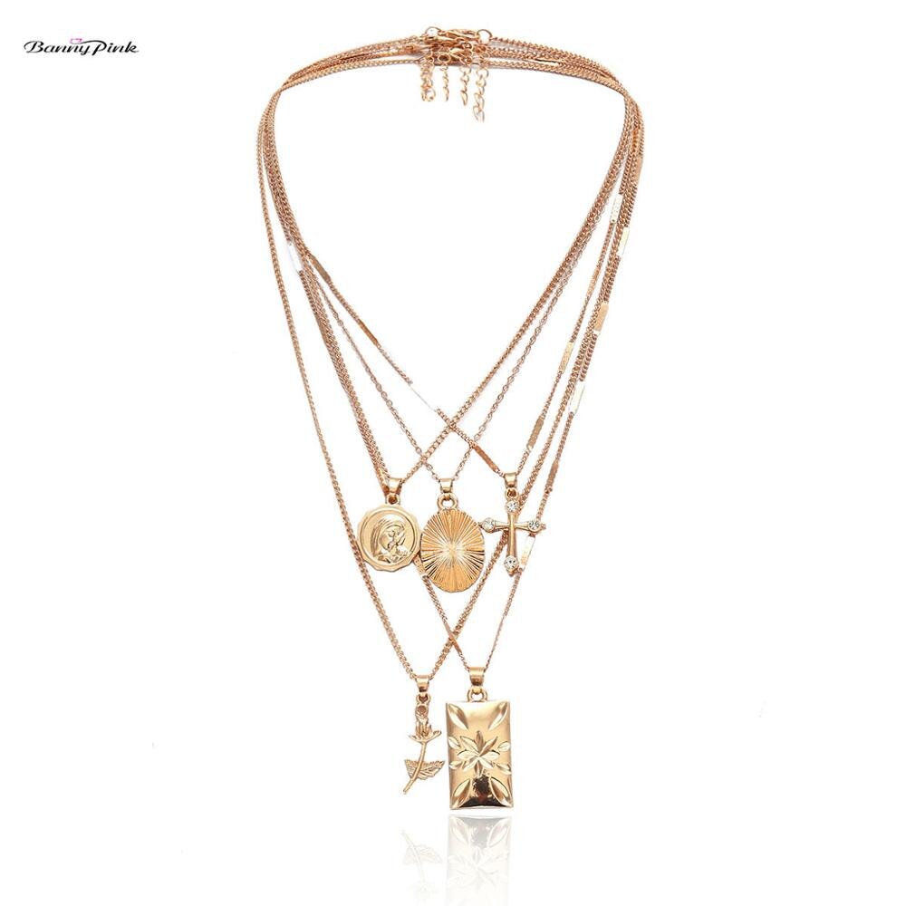 Banny Pink Religious Cross Rose Pendant Choker Necklace For Women Vintage Geometric Charms Choker Collar Multi Clavicle Chains