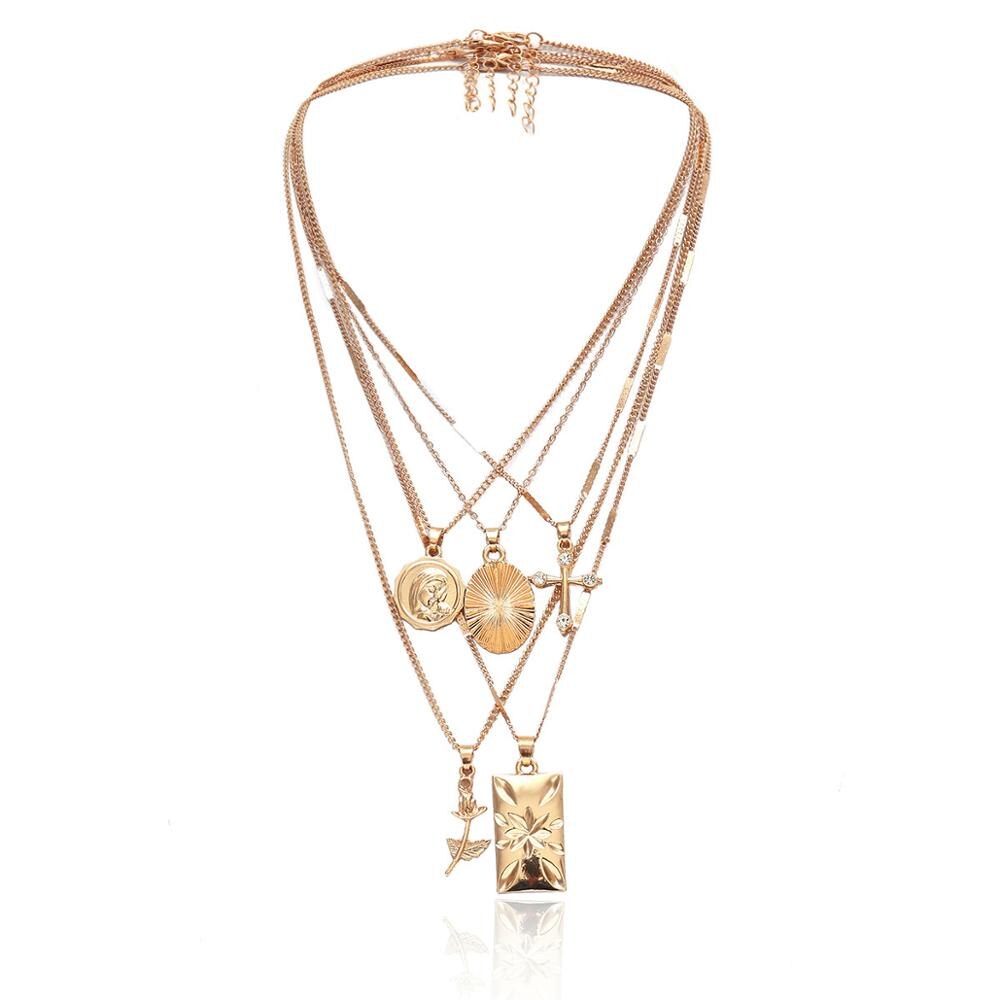 Banny Pink Religious Cross Rose Pendant Choker Necklace For Women Vintage Geometric Charms Choker Collar Multi Clavicle Chains