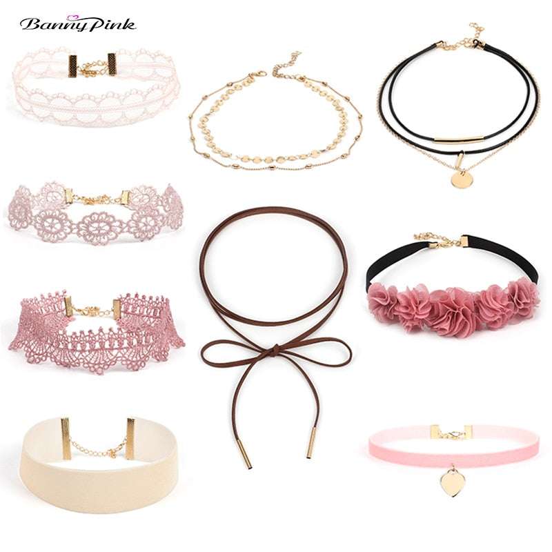 Banny Pink Sweet lace Flower Choker Necklace For Women 90'S Rope Chain Choker Collar Chunky Pendant layer Choker FashsionJewelry