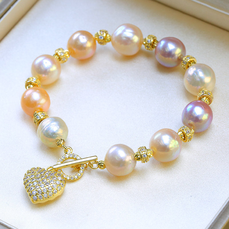 Baroque Natural Pearl Bracelets for Women HEART pendant mixed-colour irregular Baroque Pearl beads bracelet Jewelry