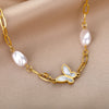 Baroque Pearl Bracelets For Women Stainless Steel Butterfly Pendant Paperclip Chain Imitation Pearls Bracelet Couple Jewelry BFF