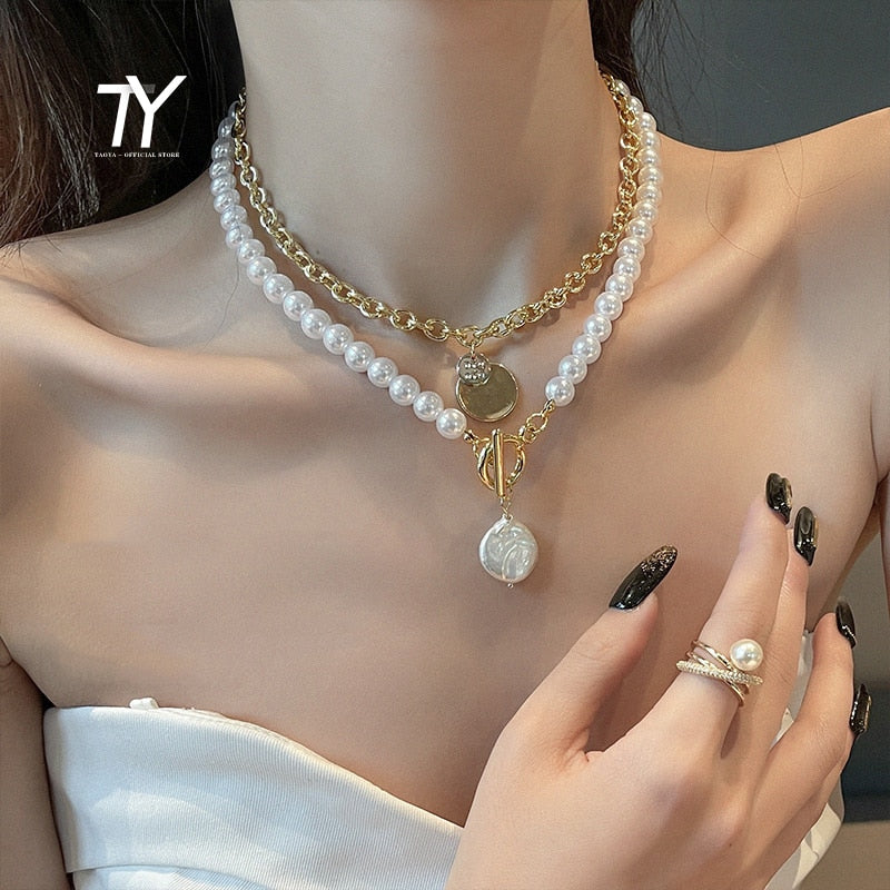 Baroque Pearl Metal Chain Two Piece Double Necklaces For Woman Korean Jewelry Gothic Party Girl's Sexy Clavicle Chain