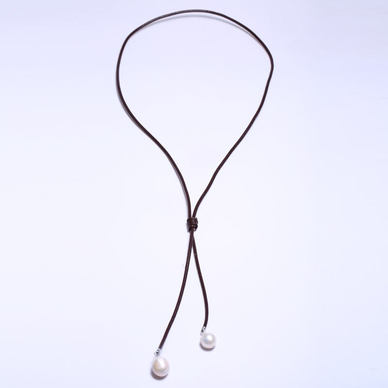 Baroque Pearls Long Necklace, Leather Cord 15 mm Shaped Beads Pendant, Length Can Be Adjusted