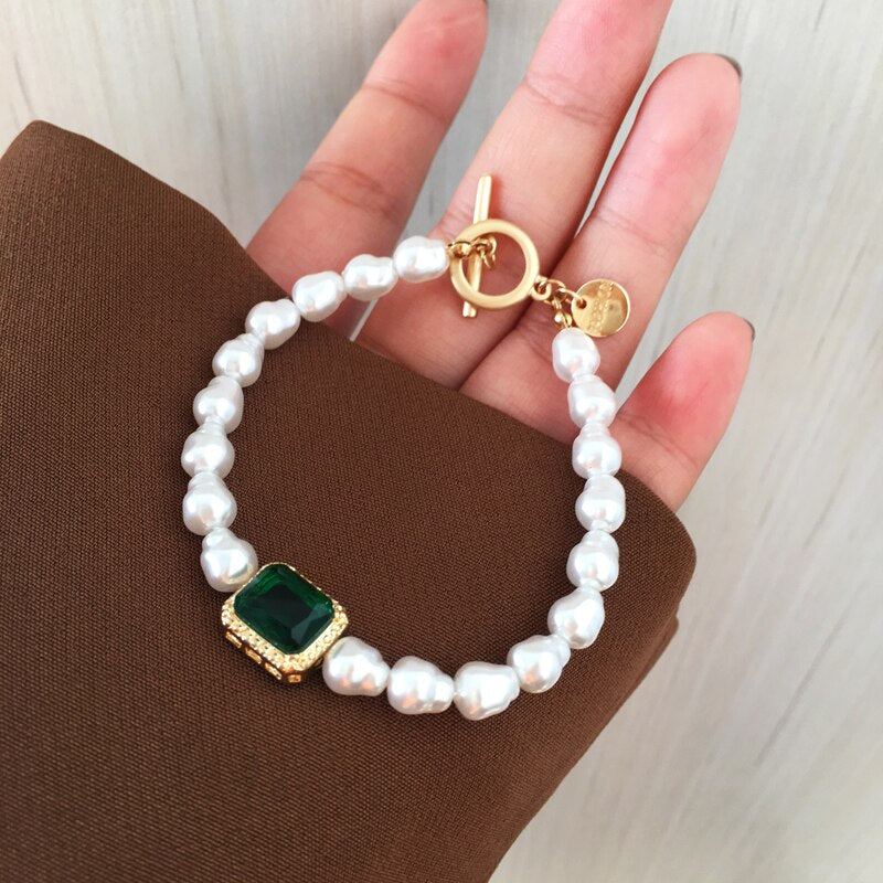 Baroque Vintage Green Crystal White Pearl Charm Choker Chain Necklace for Women Girls Sweet Female Small Fresh Collarbone 2021