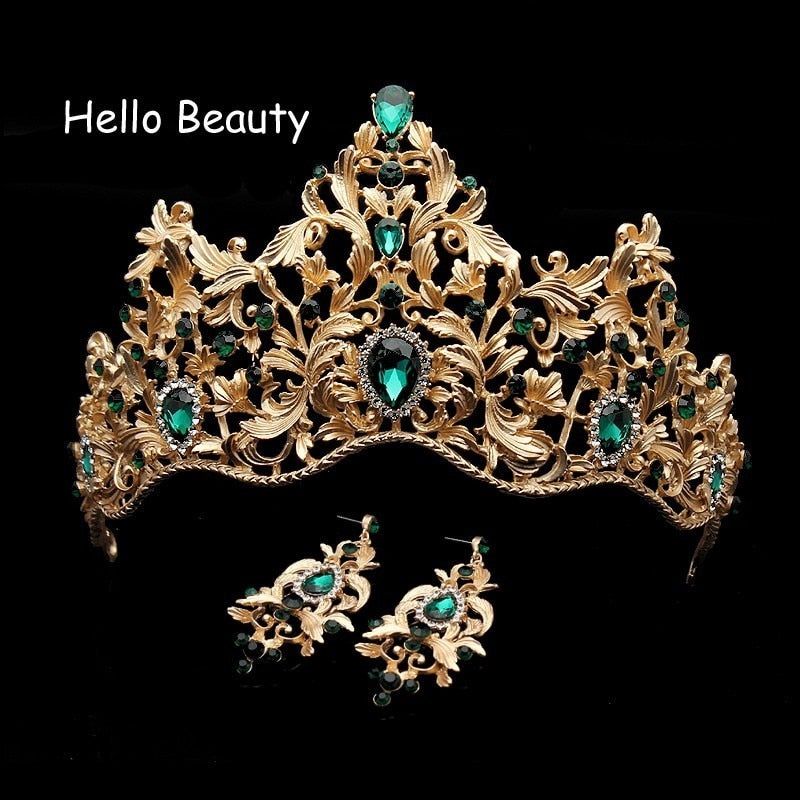 Baroque Vintage Green Rhinestone Wedding Bridal Princess Tiara And Crown Crystal Hair Accessories Queen Head Jewelry For Bride