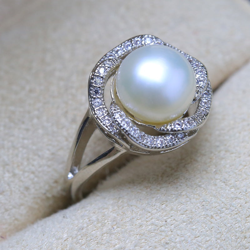 9-10mm Natural Pearl Rings for Girlfriend Nice Adjustable Wedding Ring, Bread Round White Pink Purple