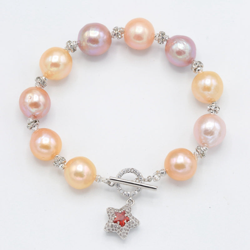 Colorful Edison Pearls Strand Bracelets Star Pendant 10-11MM AAA Zircon Natural Pearl Jewelry HO