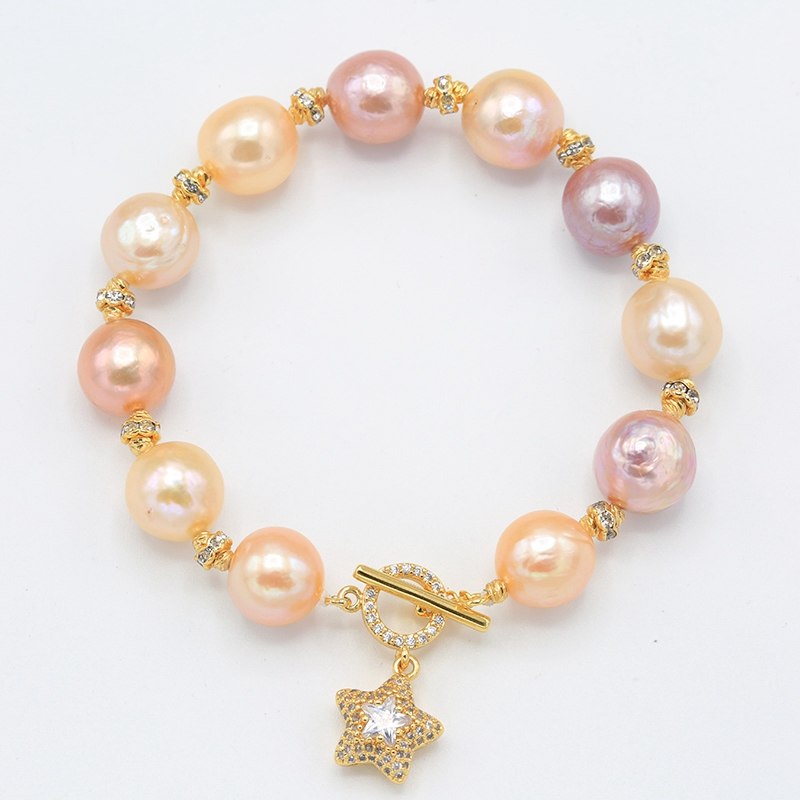 Colorful Edison Pearls Strand Bracelets Star Pendant 10-11MM AAA Zircon Natural Pearl Jewelry HO