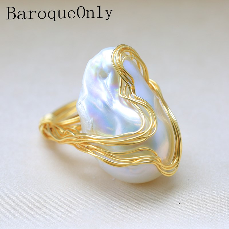 Handmade 15-30mm Big Baroque Beads Wire Wrapped Rings Natural White Pearl Fashion Woman Party Jewelry ROA