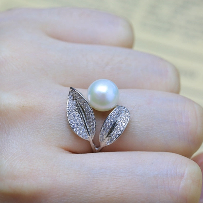 Romantic and Shiny Leaf Ring 9-10mm WHITE PINK BLUE Pearl Best Christmas Gift for Woman