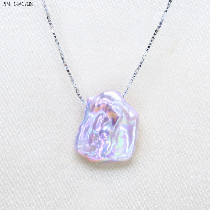 light purple irregular baroque flat pearl high luster 15-20mm 925 silver sterling box chain pendant necklace