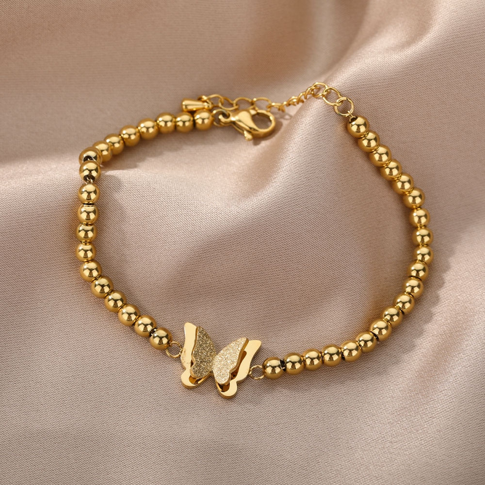 Bead Chain Butterfly Bracelets For Women Stainless Steel Gold Color Butterfly Pendant Bracelet Femme 2023 Trend Couple Jewerly