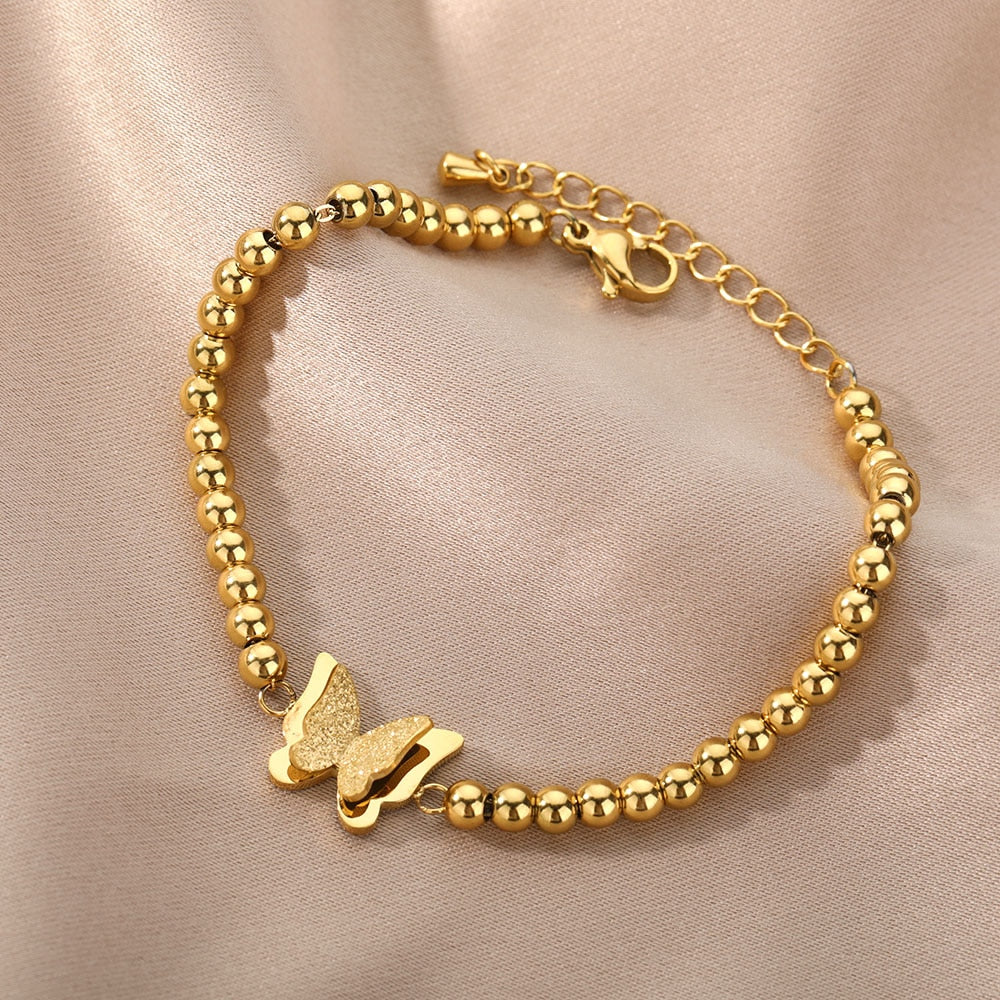 Bead Chain Butterfly Bracelets For Women Stainless Steel Gold Color Butterfly Pendant Bracelet Femme 2023 Trend Couple Jewerly
