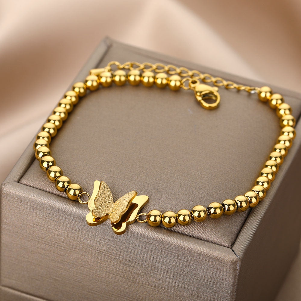 Bead Chain Butterfly Bracelets For Women Stainless Steel Gold Color Butterfly Pendant Bracelet Femme 2023 Trend Couple Jewerly