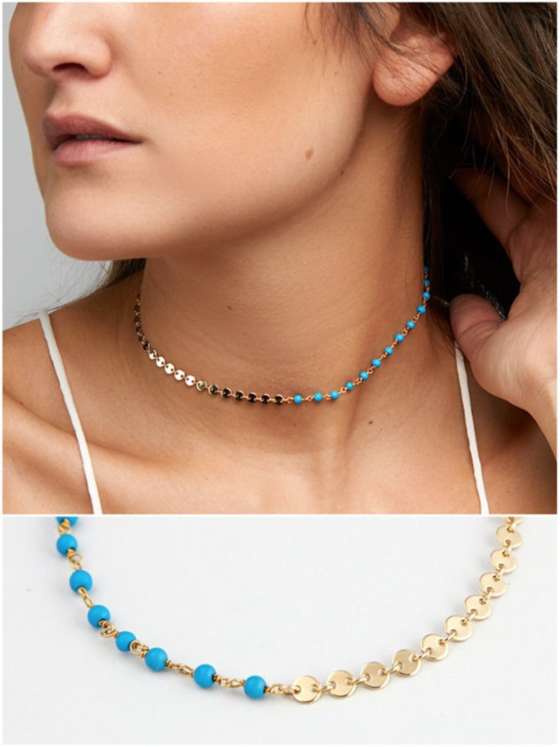 Beaded Gold Choker, Turquoises Necklace, Chunky Dainty Layered Choker Necklace ,Simple Women Jewelry
