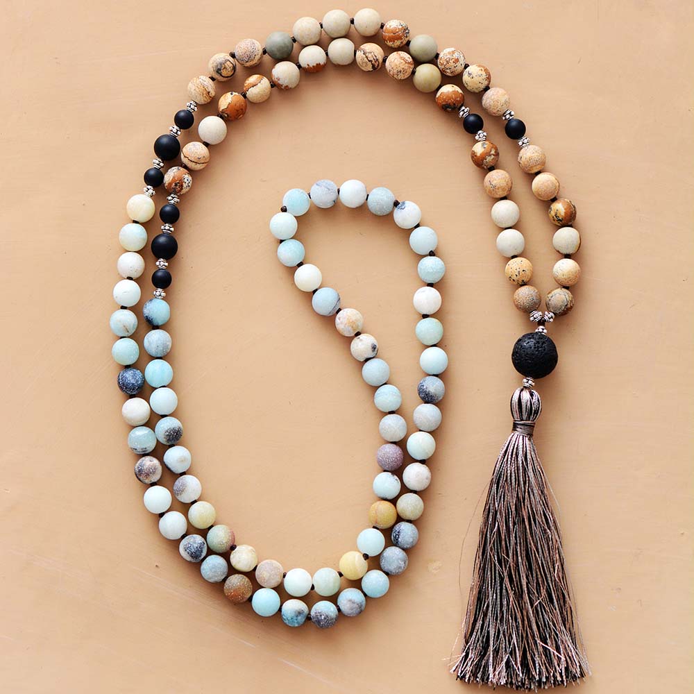 Beads Knot Necklace 8MM Matte Natural Stones Soft Tassel Mala Necklace Women Lariat 108 Beads Yoga Necklace