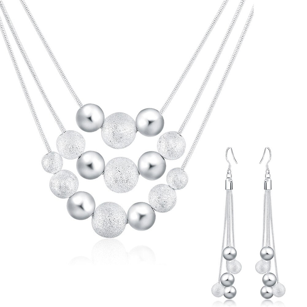 Beads Necklace Earrings Female 925 Stamp Silver Color Wedding  Women Bridal Jewelry Sets