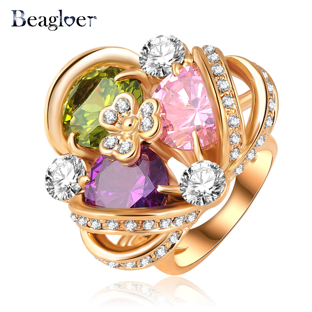 Lastest Design Sweet Clover Promise Rings Lucky Jewelry Gold Color Austrian Crystals Flower Rings Ri-HQ0346
