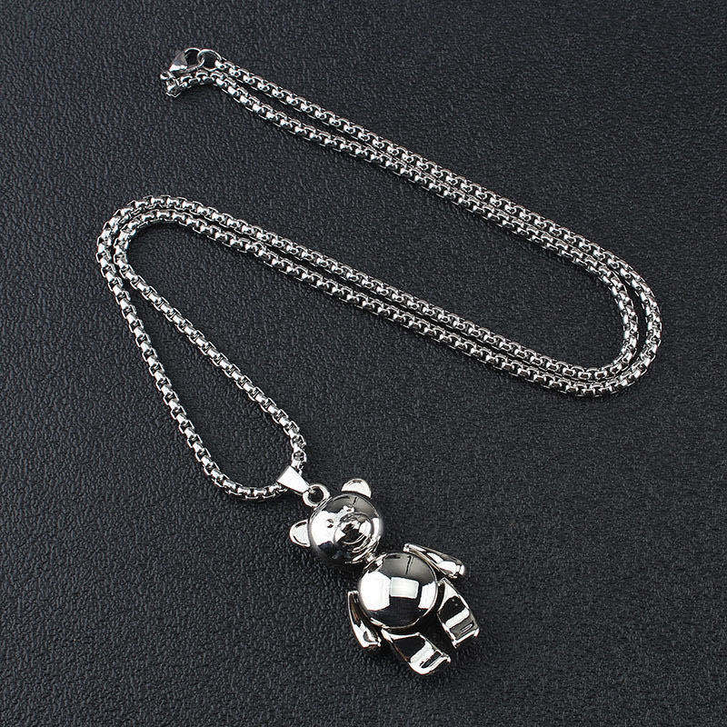Bear Necklace Couple Sweater Chain Snake Bones Chain Metal Hip-hop Cool Earth Cute South Korea Vintage Teddy Bear Pendant Unisex
