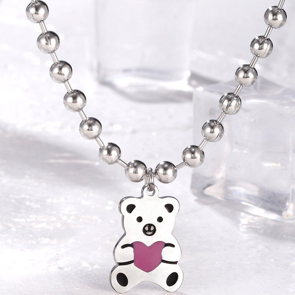 Bear Pendant Necklaces for Women Stainless Steel Jewelry Neck Bead Chain Choker Birthday Present Gift For Girl