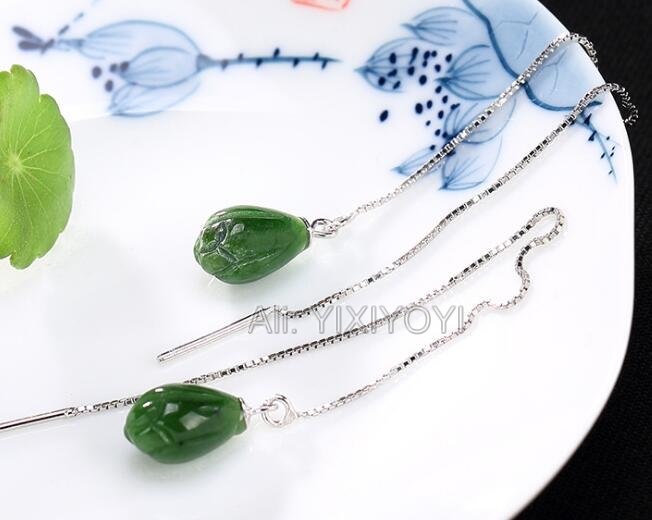 Beautiful 925 Sterling Silver Green HeTian Jade Carved Fish Flower Leaf Dangle Lucky Ear Line Earring Girl's Gift Fine Jewelry