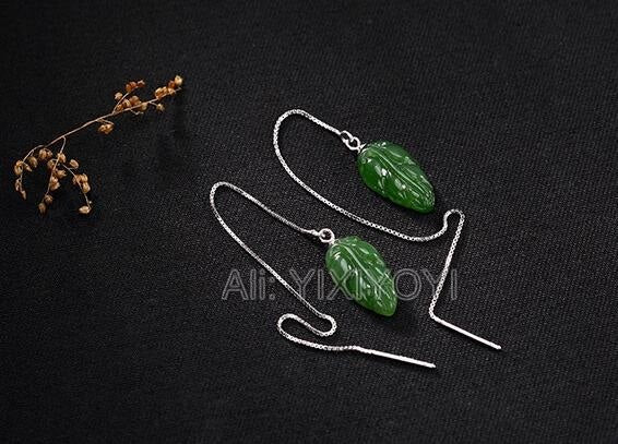 Beautiful 925 Sterling Silver Green HeTian Jade Carved Fish Flower Leaf Dangle Lucky Ear Line Earring Girl's Gift Fine Jewelry