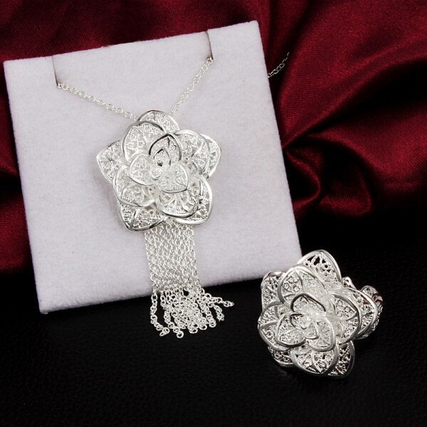 Beautiful 925 Sterling Silver charm flower Pendant necklace rings Jewelry set for women Party wedding accessories gifts