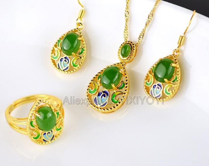 Beautiful Gold Natural Green HeTian Jade Beads Inl Flower Design Earring Ring Lucky Pendant Necklace Woman's Fine Jewelry Set