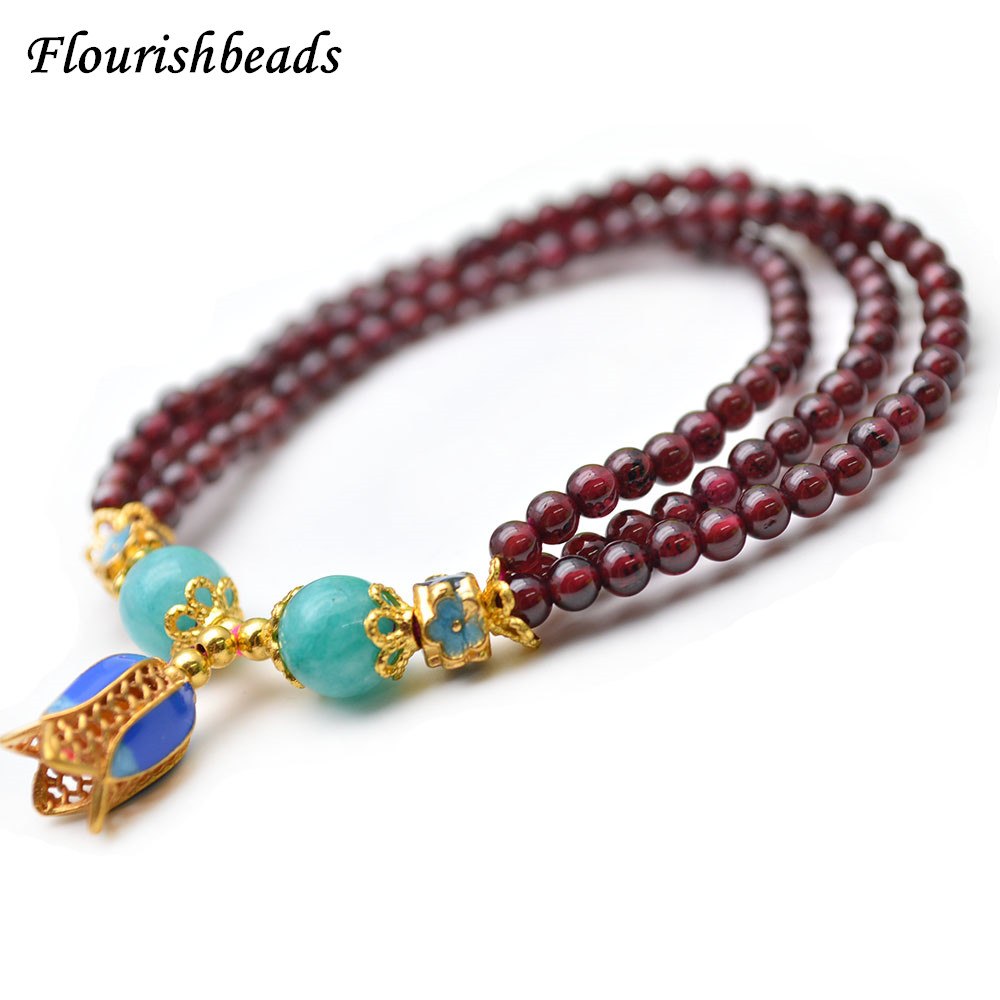 Beautiful Natural Garnet Round Beads Multi Rows Cloisonne Tulip Flower Metal Charm Stretch Bracelets Fashion Woman Jewelry Gift
