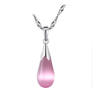 Beautiful Pink Or White Opal Necklace Silver Plated Water Drops Pendant 45CM Fine Chain Fashion Jewelry For Women Wedding