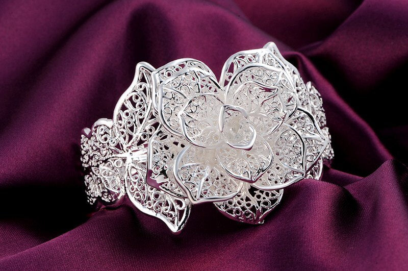 Beautiful big flower wide bangle 925 sterling Silver cuff Bracelets for Women wedding Party designer jewelry gifts