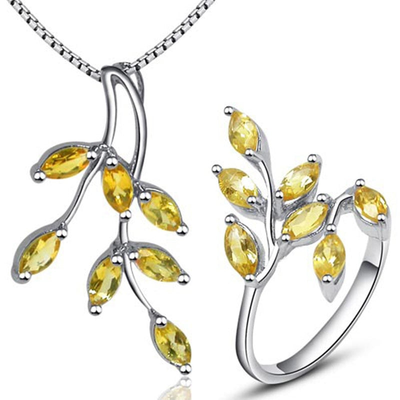 Beautiful leaf shape yellow crystal jewelry sets ring pendant necklace pure 925 silver citrine peridot fine jewelry for party