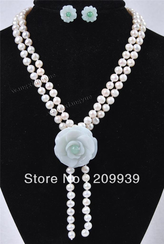 Beautiful pearl jade flower pendant necklace earring jewelry set