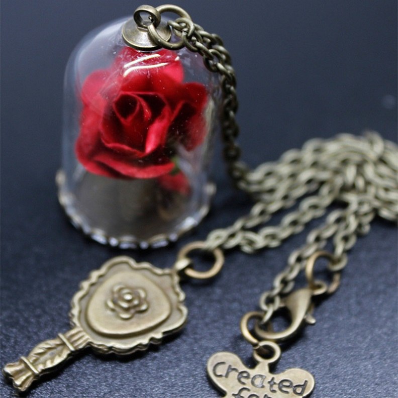 Beauty and the Beast Necklace Vintage Rose Flower Terrarium Pendant Hermione Valentines D Fairy Tale Movie Victorian Jewelry