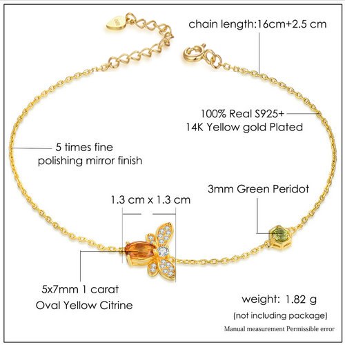 Bee Bracelet 5X7mm 100% Natural Oval Citrine 925 Sterling Silver Fine Jewelry Gold color Chain Charm Bracelet S925 Gift