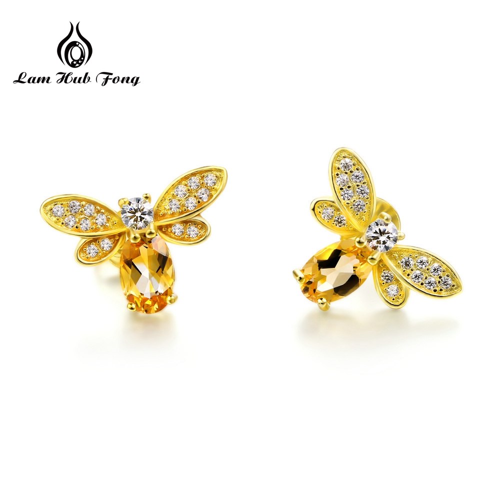 Bee Stud Earrings 5x7mm 1ct 100% Natural Citrine 925 sterling silver jewelry 14K Yellow Gold Plated Earrings For women