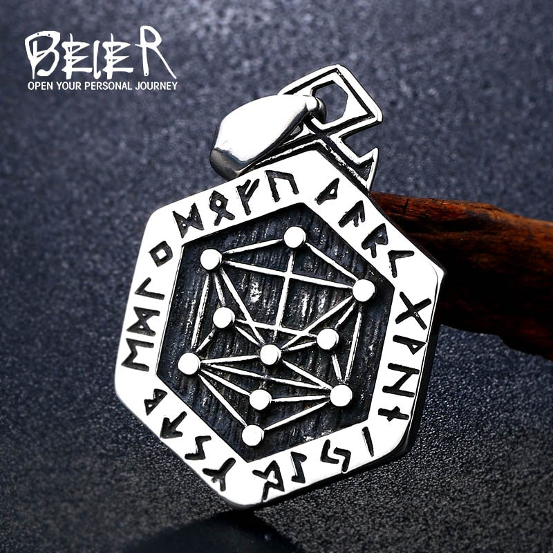 Beier 316L Stainless Steel Norse Viking Vegvisir Compass Pendant necklace Valknut Odin's Symbal Of Norse Runic Six stars LP312