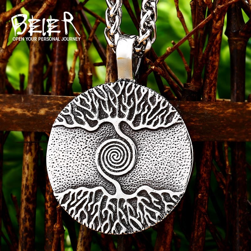 Beier 316L stainless steel Nordic Vikings Runes Amulet Pendant Necklace The Tree of Life Runes PENDANT Necklace Nordic Talisman