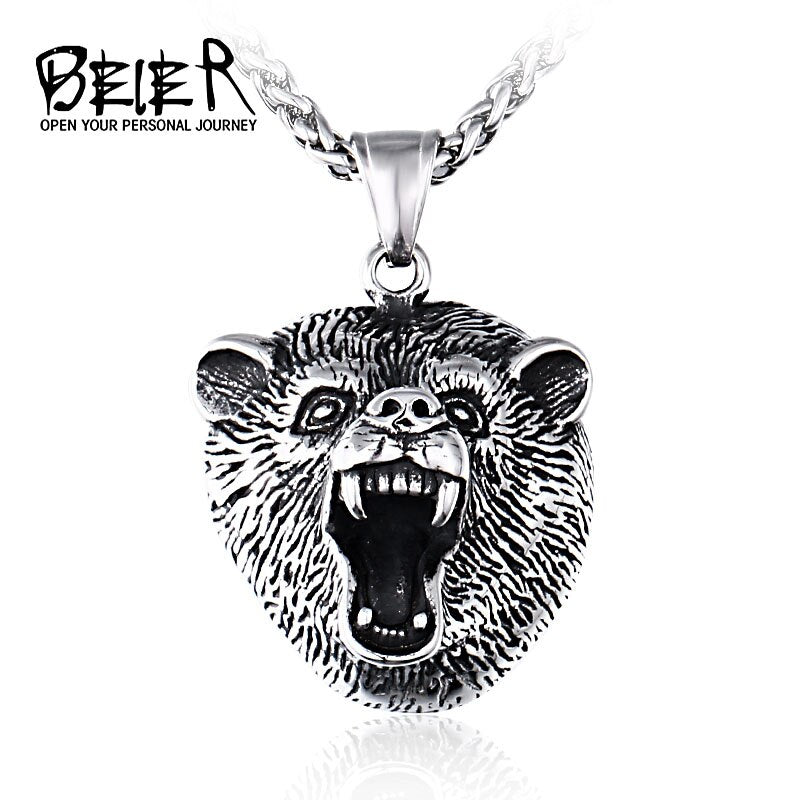 Beier 316L stainless steel Norse Viking Pendant Necklace Bear head  animal Scandinavian odin amulet men jewelry LHP149